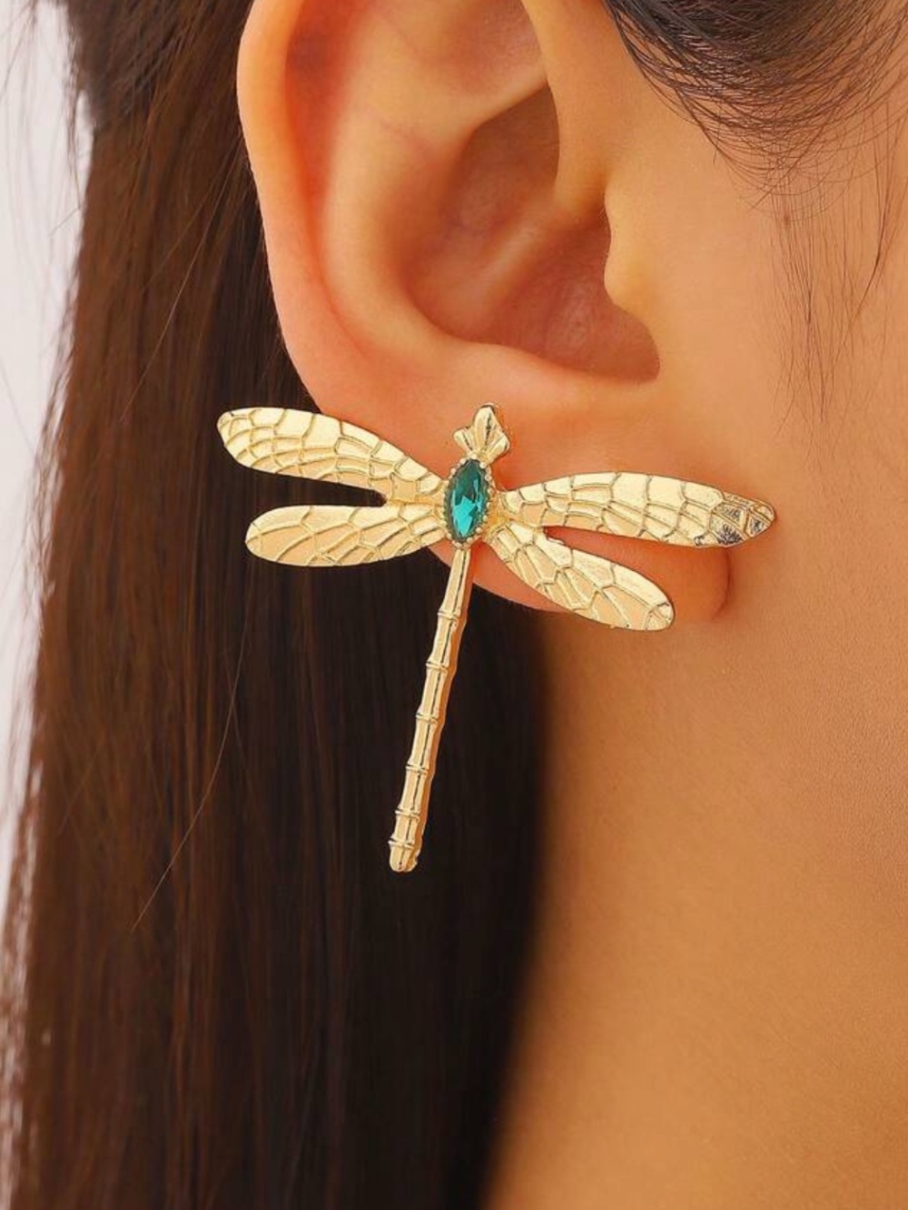 Gold Unique Dragonfly Drop Textured Boho Earring with Teal Crystal CZ